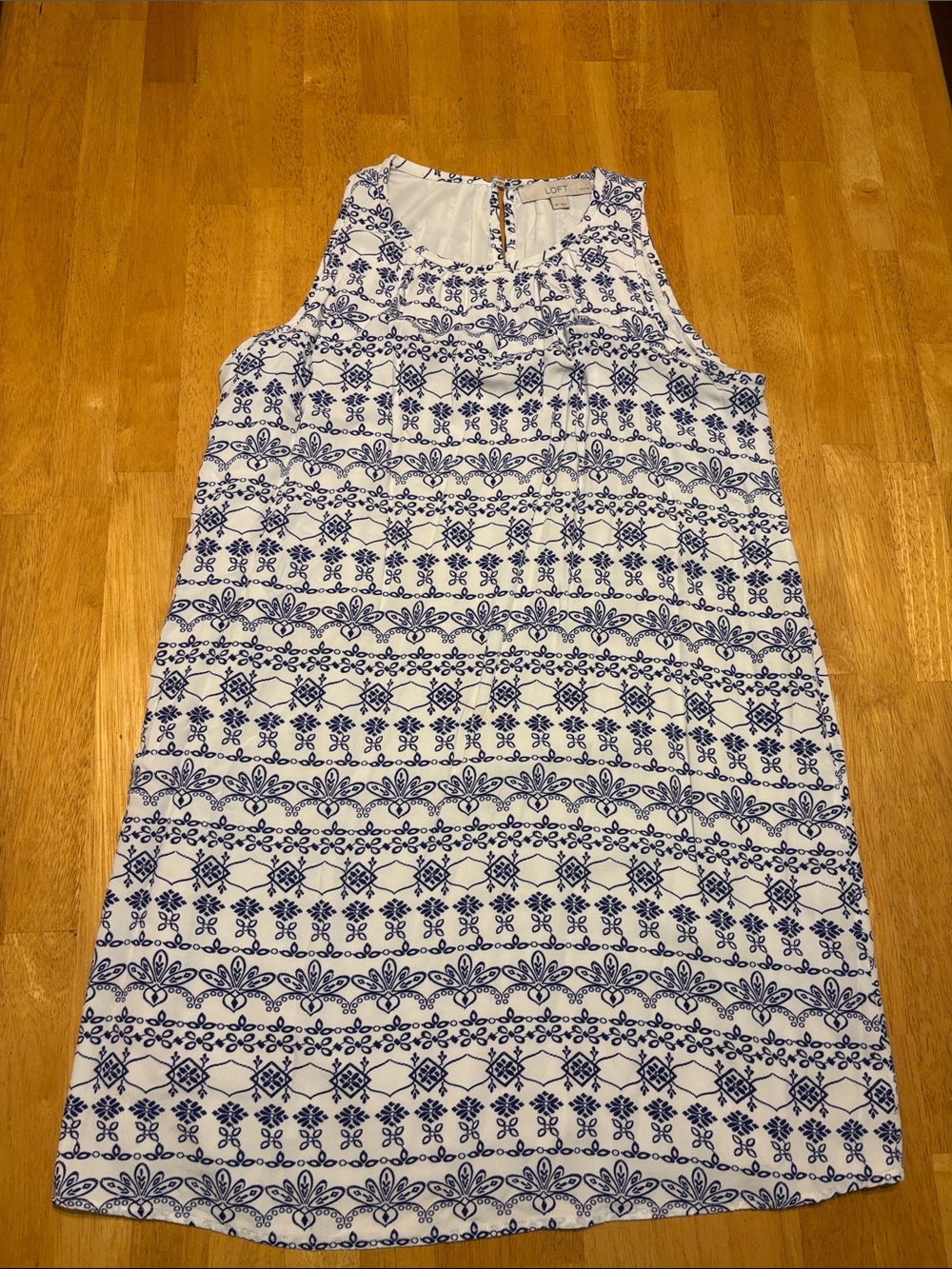 LOFT White Sleeveless Shift Dress with Navy Print